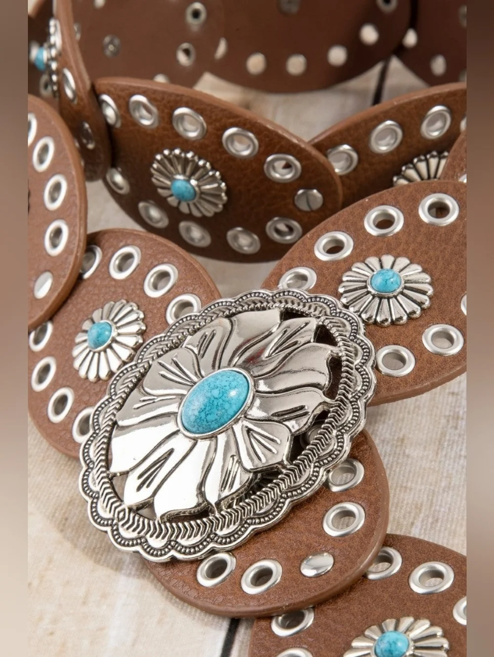 Western Turquoise Concho Disc Leather Belt - Picture 3 of 7